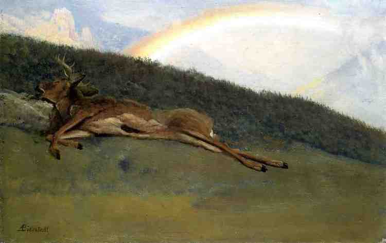 Albert Bierstadt Oil Painting Rainbow over a Fallen Stag - Click Image to Close